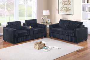 English Elm Modern Corduroy Sofa and Loveseat Set with Cup Holders Charging Station Living Room Black B011S02205