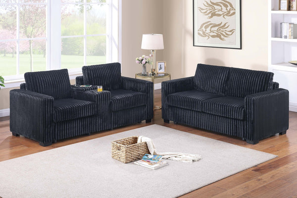 English Elm Modern Corduroy Sofa and Loveseat Set with Cup Holders Charging Station Living Room Black B011S02205