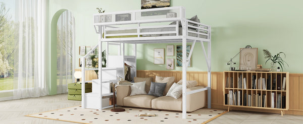 English Elm Full Size Metal Loft Bed with Stair Wardrobe and Shelves for Kids Teen Rooms W2580S00056