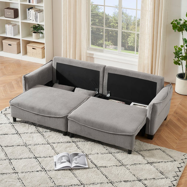 English Elm Sofa Gray Corduroy Convertible Sofa Bed with 2 Throw Pillows, 3-Seater, Solid Wood Frame, 500lb Capacity W1278S00041