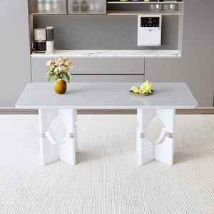 English Elm Modern Marble Print Mdf Dining Table Sculptural Hollow Frame Metal Accents Small Space White W3875S00026