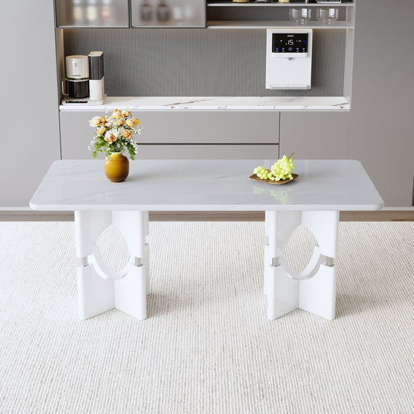 English Elm Modern Marble Print Mdf Dining Table Sculptural Hollow Frame Metal Accents Small Space White W3875S00026
