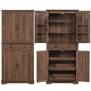 English Elm K&K 71" Tall Farmhouse Pantry Cabinet with Groove Edges, 3 Pull-Out Organizers, 6 Door Shelves Brown N707P256507Z