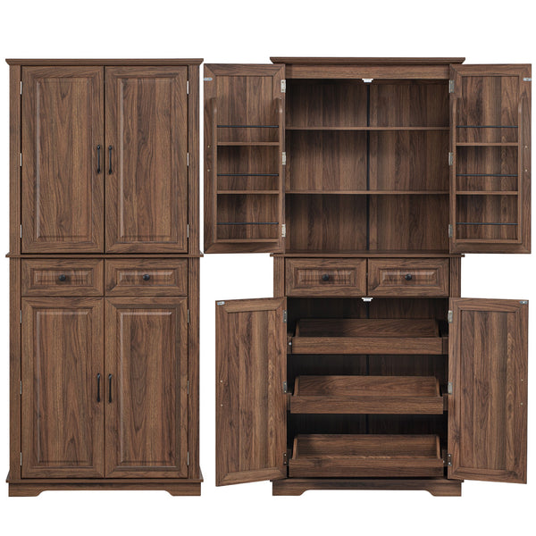 English Elm K&K 71" Tall Farmhouse Pantry Cabinet with Groove Edges, 3 Pull-Out Organizers, 6 Door Shelves Brown N707P256507Z