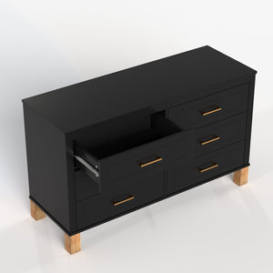English Elm 6-drawer Solid Wood Dresser Mid-century Modern Gray Finish with Metal Bar Handles Black W1445P419756