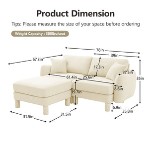 English Elm Boucle 2-Seater Loveseat Sofa With Stylish Shell Armrests & Removable Ottoman For Modern Living W3041S00275