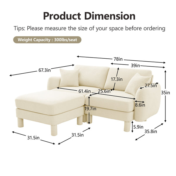 English Elm Boucle 2-Seater Loveseat Sofa With Stylish Shell Armrests & Removable Ottoman For Modern Living W3041S00275