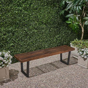 English Elm Joa Acacia Wood Outdoor Dining Bench with Iron Legs Seats Three Modern Patio 63351.00BDBRNMP1
