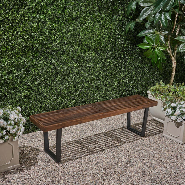 English Elm Joa Acacia Wood Outdoor Dining Bench with Iron Legs Seats Three Modern Patio 63351.00BDBRNMP1