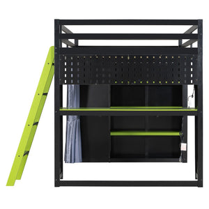 English Elm Full Size Wood Loft Bed with Wardrobe Desk Shelves Rgb Lighting and Blackout Curtains Black+Green LT000269AAF-1