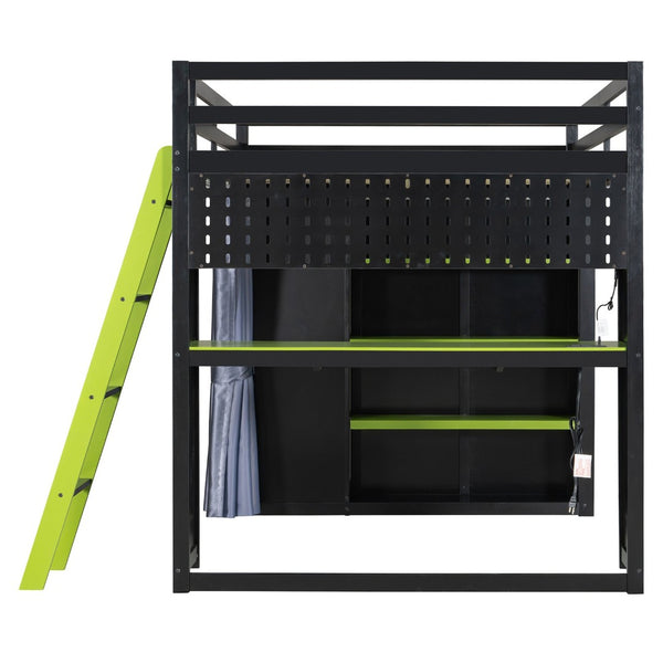 English Elm Full Size Wood Loft Bed with Wardrobe Desk Shelves Rgb Lighting and Blackout Curtains Black+Green LT000269AAF-1