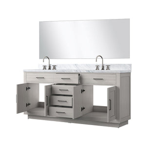English Elm White Oak Double Bath Vanity Set With Carrara Marble Countertop, Mirror & Chrome Faucets Included B2731S01698-GIGA