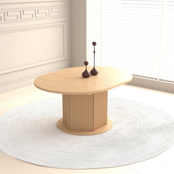 English Elm Round Adjustable Dining Table 47–63" for 4–6, Light Brown MDF & Rubberwood, Bump-Texture Base, 300lb Capacity W1347P296655