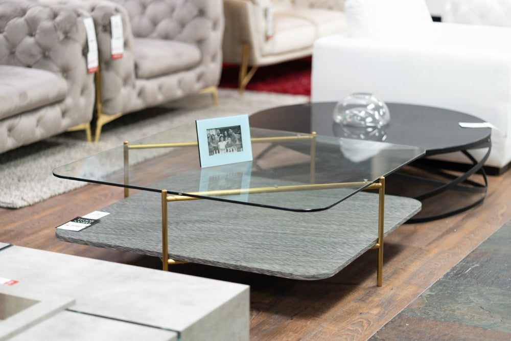VIG Furniture Cari Square Glass Coffee Table With Brushed Gold Base — Mid-Century Glam, 43.3" Durable Chic Centerpiece VGODLZ-247RC-GOLD-CT