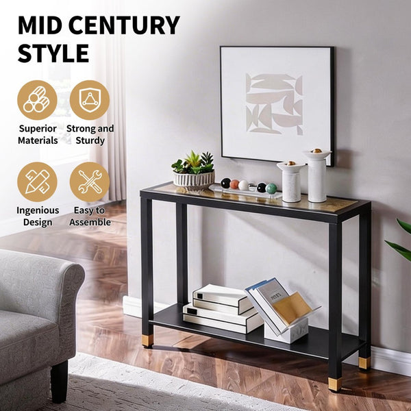 English Elm Glass Console Table Two Tier Tempered Shelf Narrow Foyer Entryway Gold Metallic Frame Black+Gold W3587P456228