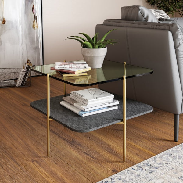 VIG Furniture Cari Glam Glass End Table With Brushed Gold Geometric Base, 23.6" Square Top For Luxury Living Rooms VGODLZ-247E-GOLD-ET