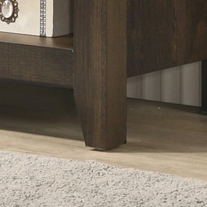 English Elm Tropea 58 Inch Open Shelf Media Console with Oak Finish and Cord Management B2749P413244