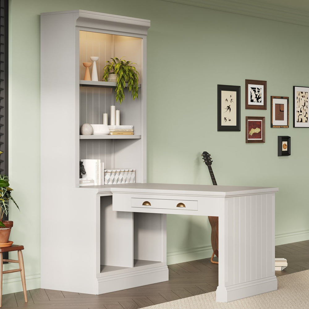English Elm 83.4"Tall Bookshelf with Writing Desk White – Modern Solid Wood Workstation with LED, Drawer & Adjustable Shelf N751S280597K