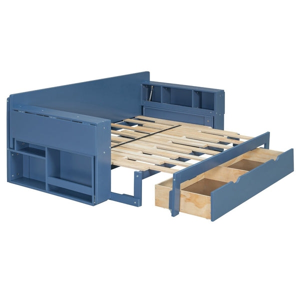 English Elm Full Size Daybed with Hydraulic Desk Armrests Storage Drawer and Sofa Seating Blue LT000271AAC