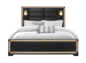 English Elm LIVELY Solid Wood Bed with Padded Headboard and Built-In Lamps, Low Profile Frame & Glitter Accents BLACK/GOLD KING B201S00212