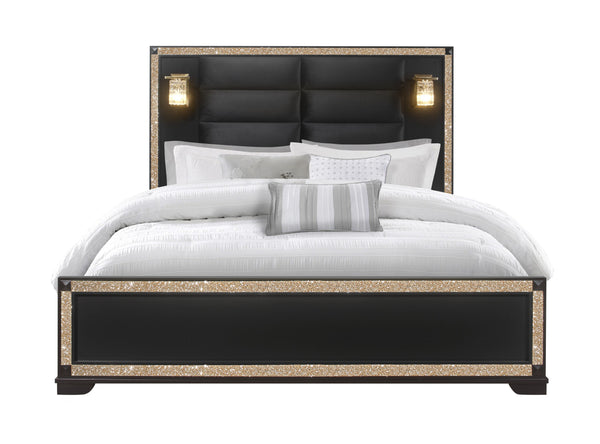 English Elm LIVELY Solid Wood Bed with Padded Headboard and Built-In Lamps, Low Profile Frame & Glitter Accents BLACK/GOLD KING B201S00212