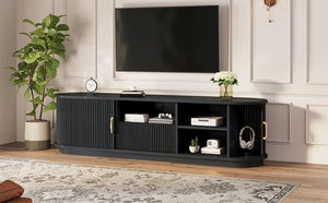 English Elm Vintage Farmhouse Media Console with Slatted Sliding Doors and Brass Hardware for Living Room Black N721P427206B