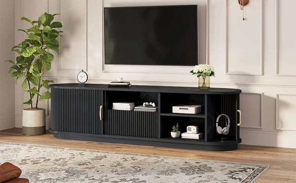 English Elm Vintage Farmhouse Media Console with Slatted Sliding Doors and Brass Hardware for Living Room Black N721P427206B