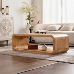 English Elm Modern Racetrack Oval Coffee Table Light Wood Veneer Open Shelf Airy Living Room W3081P352094