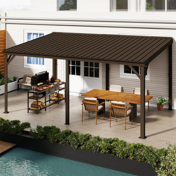 English Elm 10'x16' Wall Mounted Hardtop Gazebo Galvanized Steel Roof Patio Lean to Canopy Brown W1859S00222