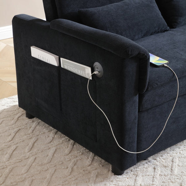English Elm 55" Velvet Two Seater Pull Out Sofa Bed with USB Ports, Side Pockets, Adjustable Backrest, Compact Lounger Black W2677P288324