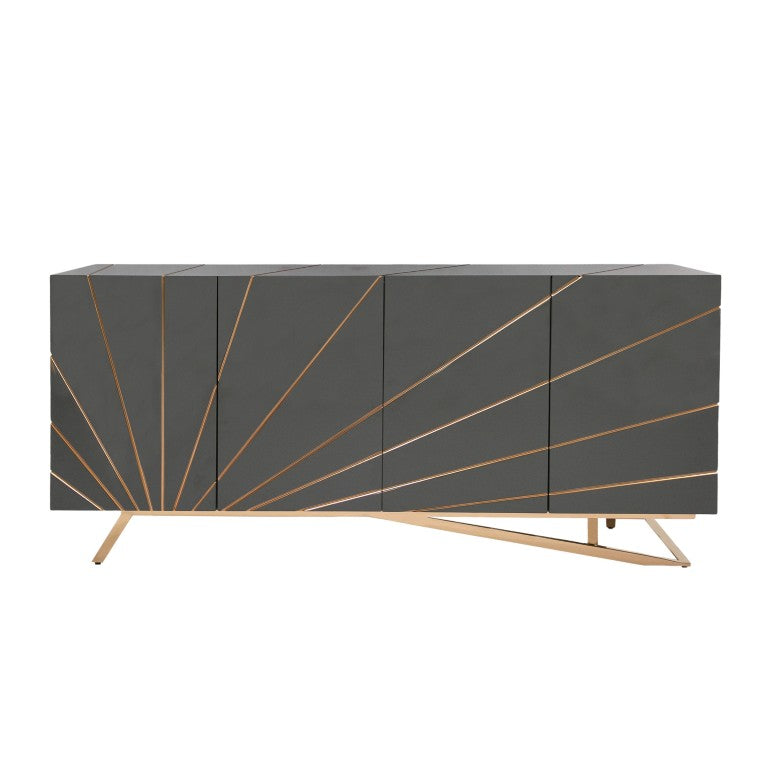 VIG Furniture Katzu- High-Gloss Grey Buffet With Rose Gold Stripe & Base, 4-Door Concealed Storage, No Assembly (W70.86") VGVC-G2127-GRY