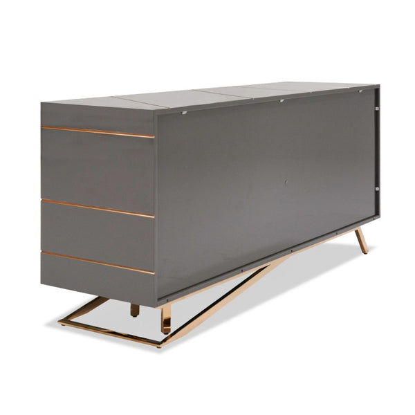 VIG Furniture Katzu- High-Gloss Grey Buffet With Rose Gold Stripe & Base, 4-Door Concealed Storage, No Assembly (W70.86") VGVC-G2127-GRY