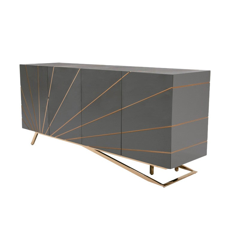 VIG Furniture Katzu- High-Gloss Grey Buffet With Rose Gold Stripe & Base, 4-Door Concealed Storage, No Assembly (W70.86") VGVC-G2127-GRY