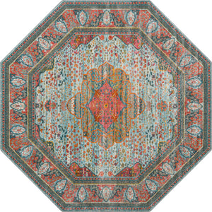 Unique Loom Baracoa Malecon Machine Made Border Rug Light Blue, Orange/Turquoise/Pink/Ivory 8' 2" x 8' 2"