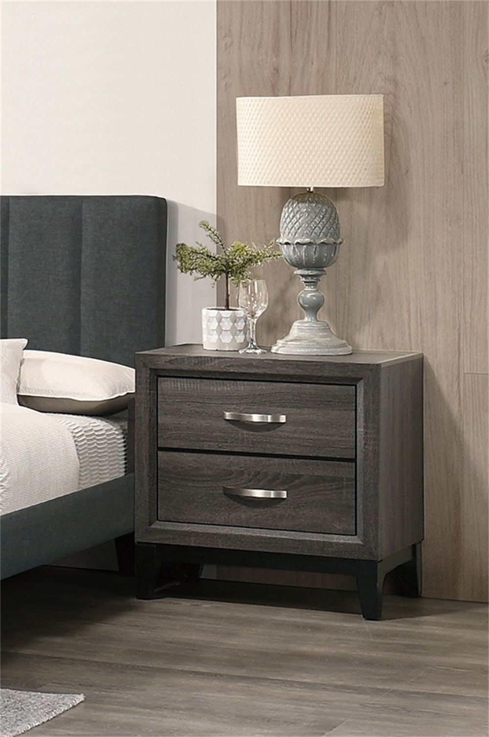 English Elm Two-Tone Wooden Nightstand with Two Drawers, Contemporary Grey Finish, Stylish Bedside Storage and Charm Grey+Black B016P251357