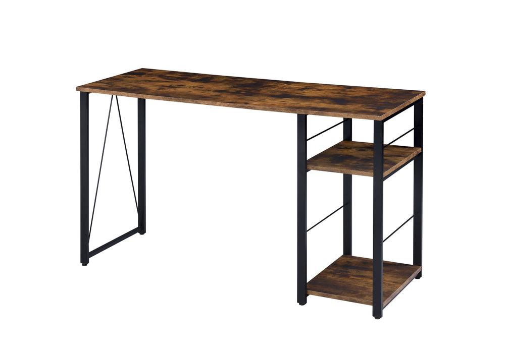 English Elm Vadna Weathered Oak & Black Writing Desk with 2-Tier Shelves, Metal Open Base, Compact 70lb Top B2726P278580