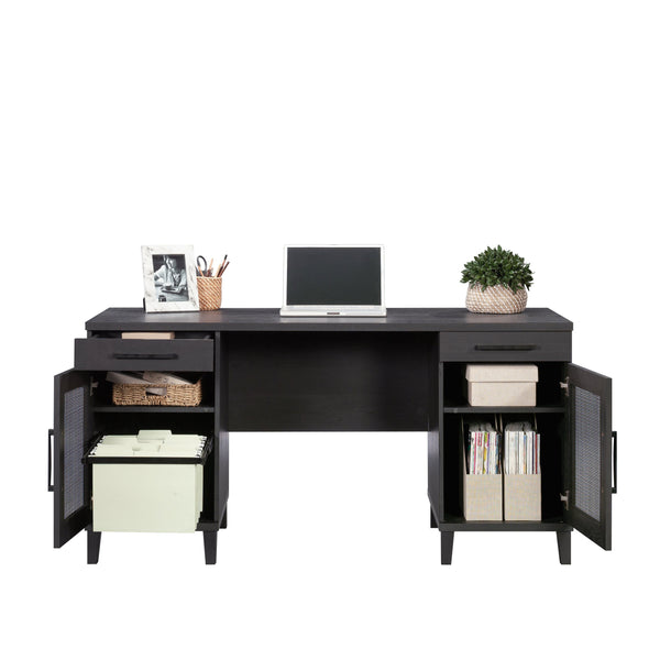 English Elm Desk, Sleek Black Engineered Wood Workspace With Ample Surface, Cable Management & Easy Assembly B356P402681