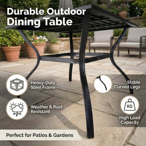 English Elm Metal Square Outdoor Dining Table Powder Coated Steel Slatted Top Seats Four W5159P445936
