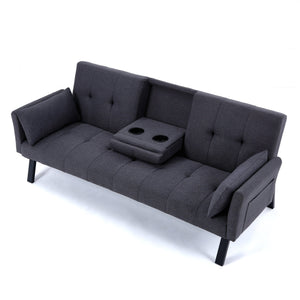 English Elm 70-inch Foldable Cotton Linen Sofa Bed with Cup Holder & Side Storage, Space-Saving 2-Seater Design DARK GREY W3371P337199
