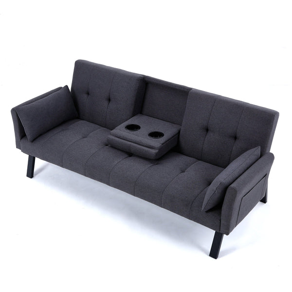 English Elm 70-inch Foldable Cotton Linen Sofa Bed with Cup Holder & Side Storage, Space-Saving 2-Seater Design DARK GREY W3371P337199