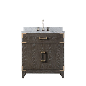 English Elm Brown Oak Single Bath Vanity With Carrara Marble Top, Chrome Faucet Set – Elegant Storage Solution! B2731P259758