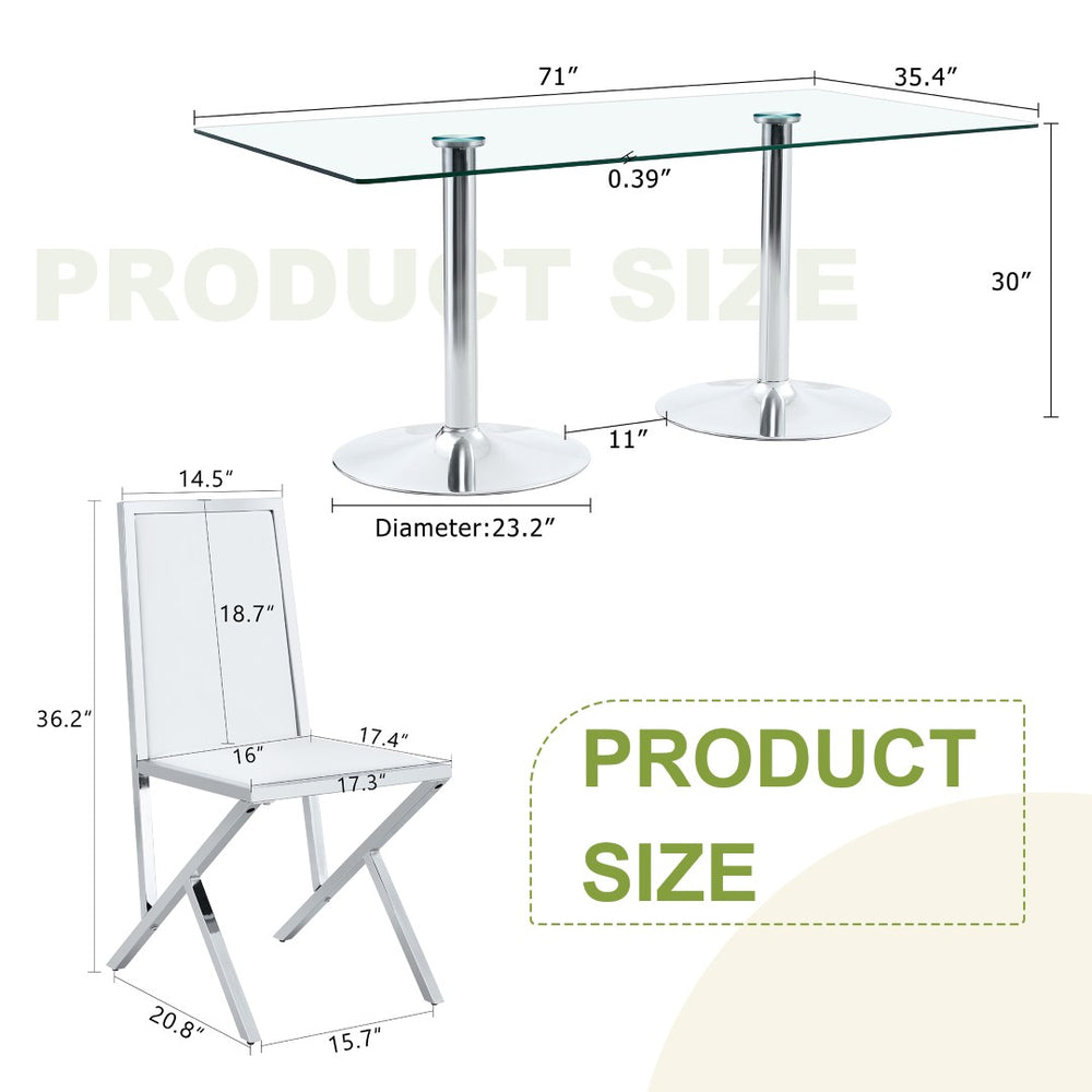 English Elm Table and Chair Set 10 Seat Tempered Glass Dining with Silver Metal Frames White+Silver W1151S04766