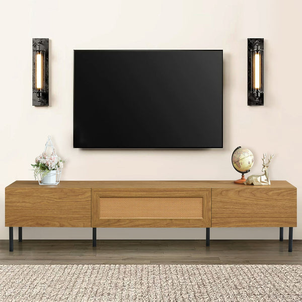 English Elm Boho Rattan TV Stand 80" Capacity, Modern Farmhouse Media Console with Metal Legs & Storage Drawers N710P206387Q