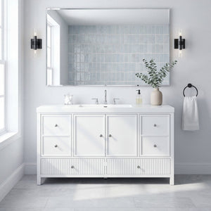 English Elm 60" Freestanding Bathroom Vanity Fluted Fronts Soft Close Drawers Drop-in Sink White N817P404100W