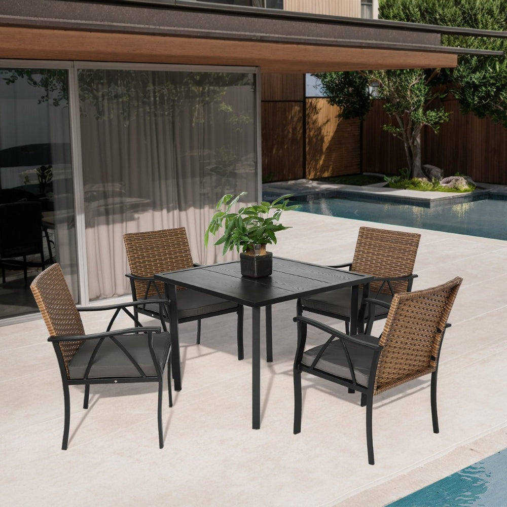 English Elm Table and Chair Outdoor Dining Set Wicker Steel Patio Seats Four with Umbrella Hole W640P445840