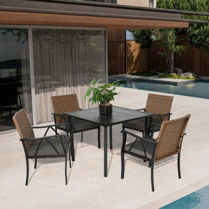 English Elm Table and Chair Outdoor Dining Set Wicker Steel Patio Seats Four with Umbrella Hole W640P445840