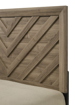 English Elm 1Pc King Size Chevron-Patterned Headboard Bed In Warm Light Brown Wood - Rustic Modern Bedroom Furniture B2741S00602