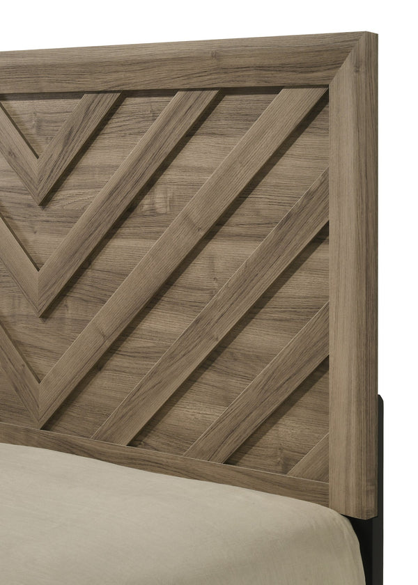English Elm 1Pc King Size Chevron-Patterned Headboard Bed In Warm Light Brown Wood - Rustic Modern Bedroom Furniture B2741S00602