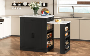 English Elm Extendable Kitchen Island Console with Open Shelving Drawers and Cabinet in Matte Black W1580S00274