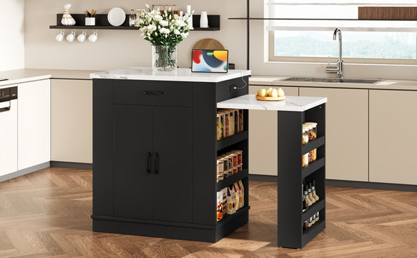 English Elm Extendable Kitchen Island Console with Open Shelving Drawers and Cabinet in Matte Black W1580S00274